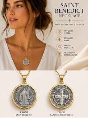 Saint Benedict Double-Sided Medal Necklace | 18K Gold Plated Catholic Pendant